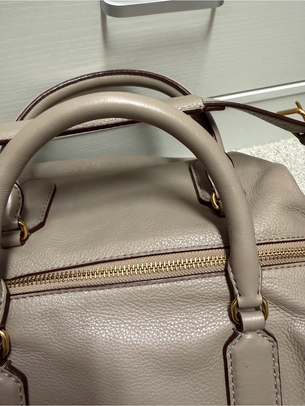 Marc By Marc Jacobs Taupe Leather Duffel with Brown Trim and Gold Hardware